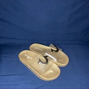 True Religion Elle Slides Clear Gold Tone Logo